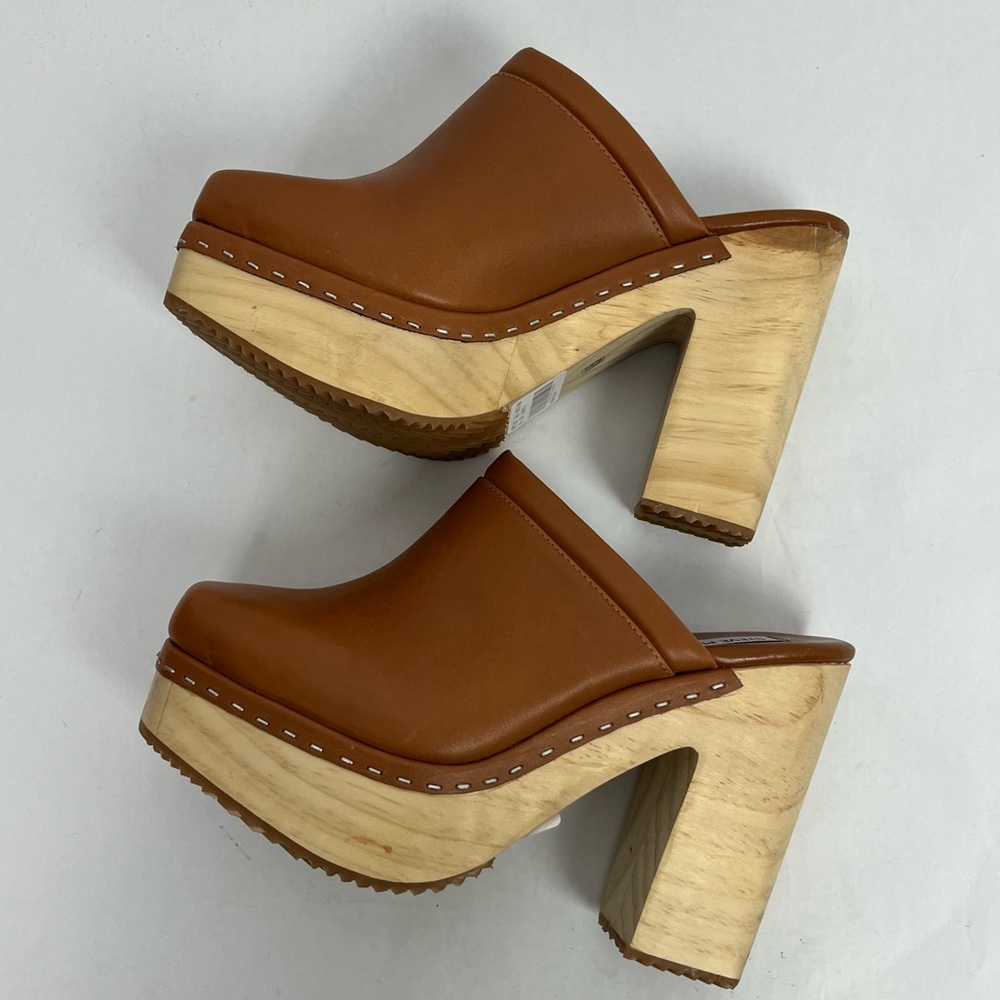 Steve Madden Cognac Leather Brown Platform Clog Mules - Picture 7 of 9
